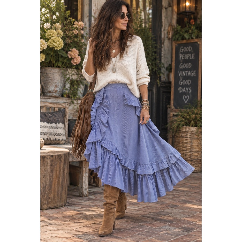Chicwish Blue White Striped Asymmetrical Ruffle Midi Skirt High Waist XS
